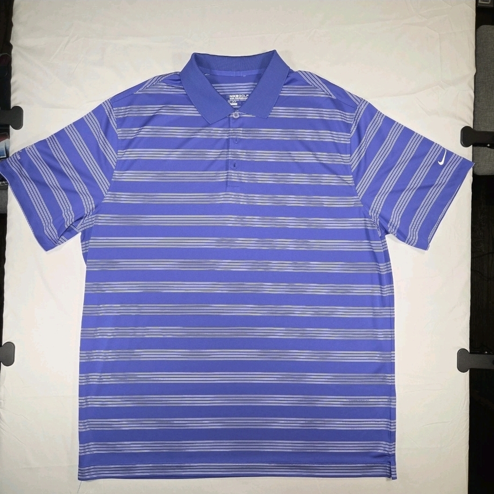 Nike Golf Performance Blue Striped Polo Golf Shirt, Mens 2XL, SAC Charity Patch